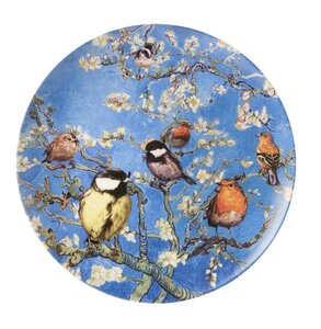 Heinen Delfts blauw wandbord serveerschaal plate 31.5cm Birds van Gogh diverse vogels op bloesemtakken
