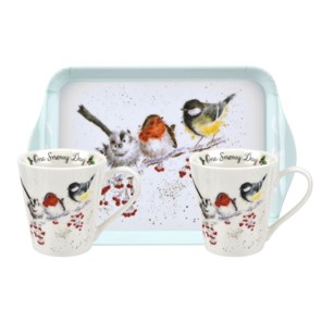 Wrendale XMAS 3-dlg Mug & Tray set WINTER BIRDS Vogels One snowy day