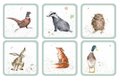 Pimpernel-onderzetters-kunststof-kurk-set/6-Wrendale-bosdieren-fazant-das,uil,haas,vos,eend
