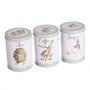 Wrendale-TEA-COFFEE-SUGAR-set/3-voorraad-blikken-trommels-rond-11cm-WRENDALE-Bosdieren-Haas-Eend-Uil-Hannah_Dale-