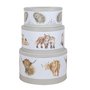 Wrendale-set/3-koekblik-trommel-rond-20_22.5_25cm-WRENDALE-dieren-Koe-Vos-Egel-design-Highland_Cow-Fox-Hedgehog-Hannah_Dale-